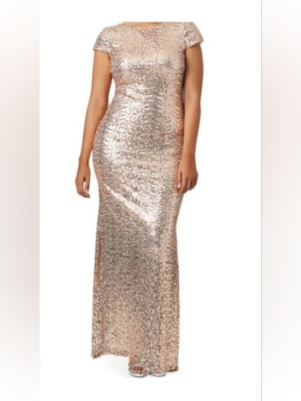 Badgley Mischka Award Winner Gold Sequin Gown Back Drape Cap Sleeve Stretch 16